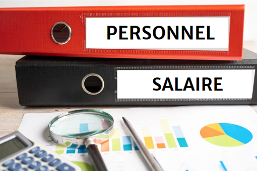 cartables avec personnel et salaire avec une calculatrice, une loupe et un stylo sur une feuille de papier avec des graphiques